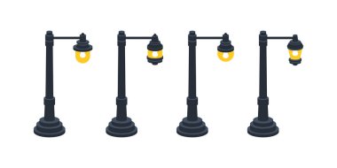 Farklı lamba tasarımları ile izometrik sokak lambaları seti, şehir sokaklarına ve yürüyüş yollarına sıcak ve davetkar aydınlatma sağlar