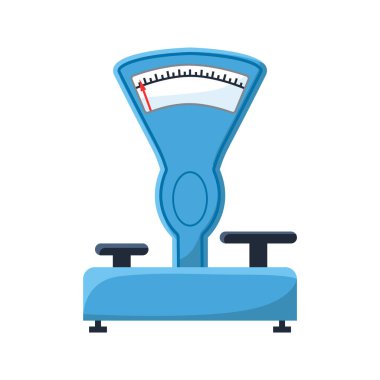 Mavi tartı, analog gösterge ile ağırlığı ölçer, beyaz arkaplanda izole edilmiş, ölçüm sonuçlarını gösterir