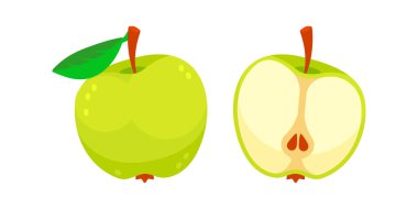 İki yeşil elma, bir tanesinde yaprak var, diğerinde ise tohumlar var, beyaz üzerine izole edilmiş.