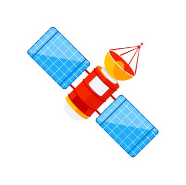 Uzayda yörüngede dönen mavi güneş panellerine sahip kırmızı ve sarı uydu veri gönderiyor.