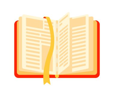 Sarı yer imli açık kitap, beyaz arkaplanda izole edilmiş metin ve satırlı sayfaları gösterir