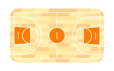 Basketbol sahasının parke zemininde işaretler ve çemberler var.