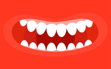Beyaz dişleri ve kırmızı diş etleri ile gülümseyen bir ağzın çizgi film çizimi, canlı kırmızı bir arka planda mutluluk ve eğlence taşıyor.