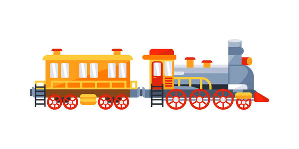 Мультфильм паровоз тянет пассажирский вагон движется вдоль железной дороги, доставляя путешественников к месту назначения