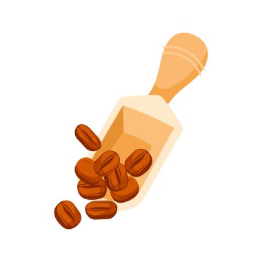 Ahşap kepçeden dökülen kavrulmuş kahve çekirdekleri, beyaz arka planda izole edilmiş basit düz vektör çizimi.