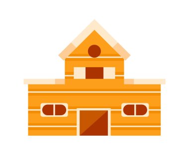 Kahverengi kapı ve pencereli turuncu kulübe, beyaz arka planda izole edilmiş.