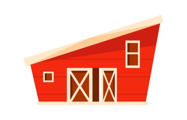 Klasik kırmızı ahır, ahşap kapılar ve küçük pencere, geleneksel Amerikan tarım mimarisini temsil ediyor.