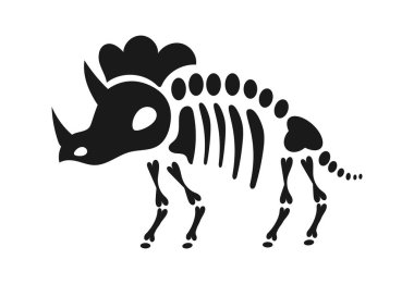 Triceratops iskeleti, tarih öncesi yaşamı, paleontolojiyi, fosilleri ve antik hayvanları simgeleyen basit siyah beyaz bir tasarım.