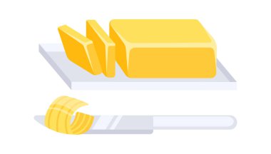 Bıçağın üzerindeki tereyağı, kesme tahtasındaki dilimler, beyaz arka planda izole edilmiş tüm çubuk.