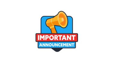 Önemli bir duyuru mesajı ve megafon simgesi içeren animasyon rozeti, beyaz ve yeşil ekran arka planında