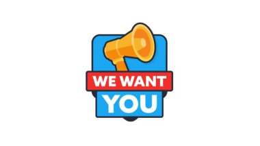 Animasyonlu megafonla imzalamanızı istiyoruz, beyaz ve yeşil ekran arka planlı.