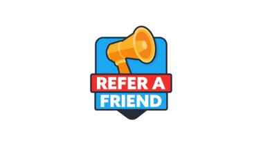 Animasyonlu, megafonlu bir arkadaş rozeti referans pazarlama kampanyaları için mükemmel.