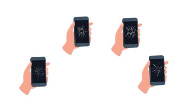 Beyaz ve yeşil ekran arka planında bozulmamış ve kırılmış ekranları olan akıllı telefonları tutan eller