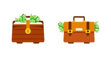 Para dolu bavullar ve sandıklar beyaz ve mavi arka planlarda izole edilmiş.