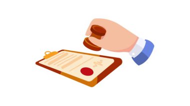 Beyaz ve yeşil ekranda izole edilmiş bir belgeyi panoya damgalayan bir işadamı