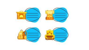 Sırt çantaları ve bavullar, yüz maskelerinin yanında. Kopyalama alanı beyaz ve yeşil ekran arkaplanlarında izole edilmiş.