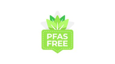 Animasyon logosu, beyaz ve mavi arka planda yeşil yapraklı PFAS serbest ürünü gösteriyor