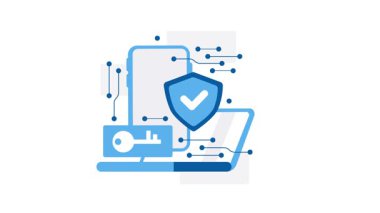 Beyaz ve yeşil ekranda anahtar, kalkan, dizüstü bilgisayar ve akıllı telefona sahip animasyon siber güvenlik kavramı