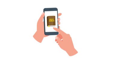 Eller akıllı telefon ekranında kutsal kitap ve boş ekran ile kayıyor, beyaz ve yeşil ekranda izole edilmiş.