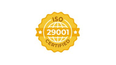 Kurumsal videolar ve sunumlar için uygun, dünya simgesi içeren animasyon ISO sertifika rozetleri