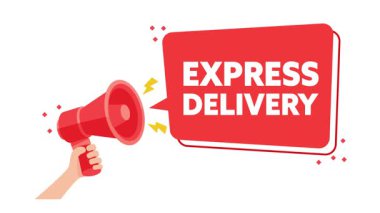 Megafon ve yeşil ekran arkaplanlı ekspres dağıtım duyurusu