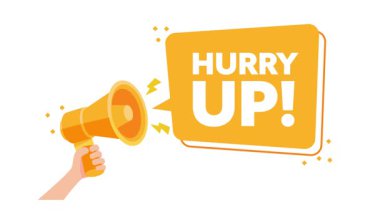 El elinde bir megafon tutuyor. Acele et. Beyaz ve yeşil ekran arkaplanı üzerinde çizgi film animasyonu.