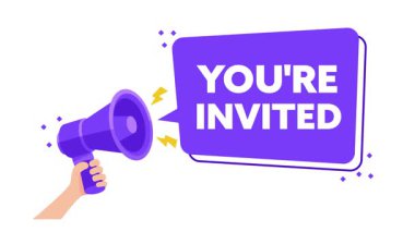 Mor bir konuşma balonuyla megafonu tutan bir elin çizgi film animasyonu beyaz ve yeşil ekran arkaplanlarına davet edildiğini söylüyor.