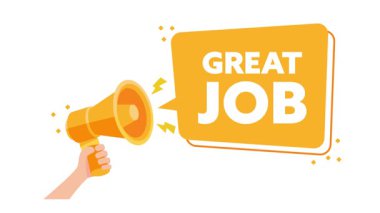 Harika bir iş mesajı içeren, alfa mat ve yeşil ekran ile megafonu tutan animasyon el.