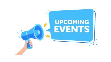 Beyaz ve yeşil ekran arka planında megafon ve konuşma baloncuğu ile yaklaşan olaylar duyurusu