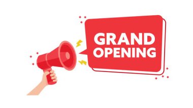 Büyük açılış anonsuyla megafonu tutan hareketli el ve beyaz ve yeşil ekran arka planında boş konuşma balonu