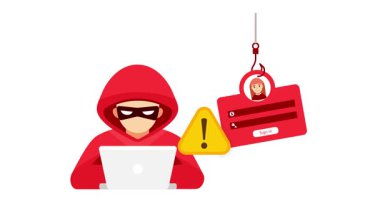 Kırmızı kapüşonlu bir bilgisayar korsanı kredi kartı bilgilerini çalıyor ve beyaz ve yeşil ekran arka planında sahte kimlik kullanıyor.