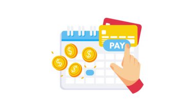 Kredi kartı ve bozuk paralarla yapılan sürekli ödemelerle dolu bir takvim, beyaz ve yeşil ekranlı arka plan