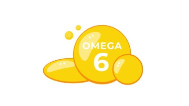 Omega 6 yağ asidinin canlandırılmış simgesi, sağlık için temel besin, beyaz ve krom anahtar arka planlar
