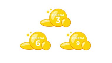 Omega 3, omega 6 ve omega 9 yağ asitlerini içeren balık yağı takviyesi kapsülleri, beyaz ve yeşil ekranda izole edilmiş.