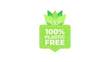 Animasyon logosu yeşil bir yaprak ve metin% 100 plastiği gösteriyor. Beyaz ve mavi ekranda alfa kanallı izole edilmiş.