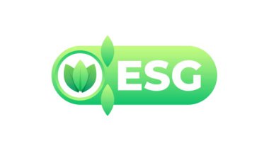Çevresel, sosyal ve kurumsal yönetim faktörlerini temsil eden animasyon ESG logosu, beyaz ve mavi arka planlarda sergilenmektedir