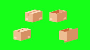 Karton kutuların canlandırılması sayısı artıyor ve açılıyor, yeşil ekran arka planında izole edilmiş