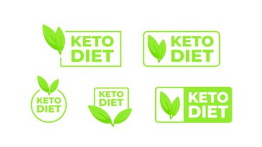 Beyaz ve mavi arkaplanda yeşil yapraklı Keto diyet logo animasyonu