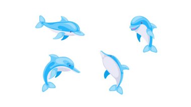 Çizgi film yunusu cini animasyonu beyaz ve yeşil ekran arkaplanlarında izole edildi