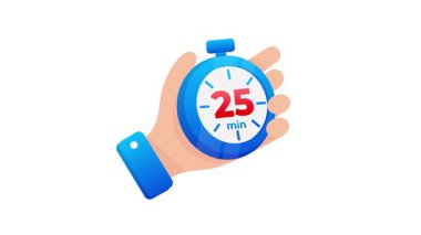 Çizgi filmdeki el, üzerinde 25 dakika olan mavi kronometreyi tutuyor, beyaz ve yeşil ekran arka planında izole edilmiş.