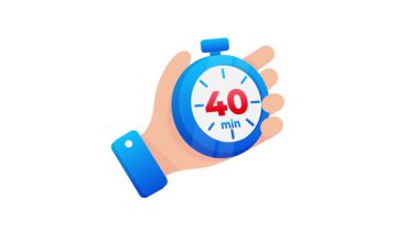 Mavi bir kronometreyi tutan bir elin çizgi film animasyonu. 40 dakikalık bir saat, beyaz ve yeşil ekran arkaplanı.