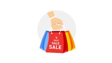 Satış promosyonlu renkli alışveriş torbaları tutan kadın, beyaz ve yeşil ekran arka planında izole edilmiş.