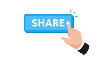 İşadamı beyaz ve yeşil ekranda mavi paylaşım düğmesine tıklıyor