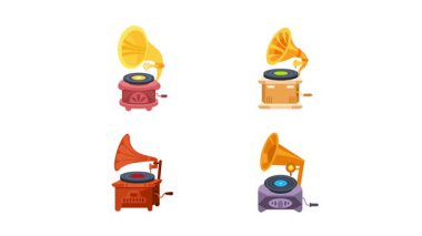 Beyaz ve yeşil ekran arkaplanlarında izole edilmiş klasik gramofon koleksiyonu