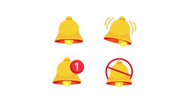 Canlandırılmış bildirim çanı simgesi. Aylak, zil, bir tebligat ve susturma dahil olmak üzere farklı eyaletler.