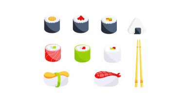 Onigiri ve yemek çubukları da dahil olmak üzere çeşitli içerikli suşi çeşitleri, beyaz ve mavi arka planda izole edilmiş.