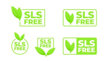 Beyaz ve mavi arkaplanlar üzerinde yeşil yapraklar ve SLS ücretsiz çeşitli canlandırma simgeleri