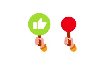 Çizgi filmdeki eller, beyaz ve krom anahtar arkaplanda izole edilmiş, benzer ve sevmeyen semboller taşıyan yuvarlak tabelalar tutuyorlar.