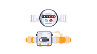 Su ölçer animasyonu, beyaz ve yeşil ekranda izole edilmiş sıcak ve soğuk su tüketimini gösteriyor.