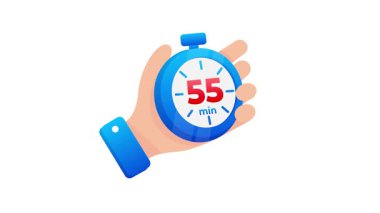 Mavi kronometreyi tutan çizgi filmci. Beyaz ve krom anahtar arka planda 55 dakika.